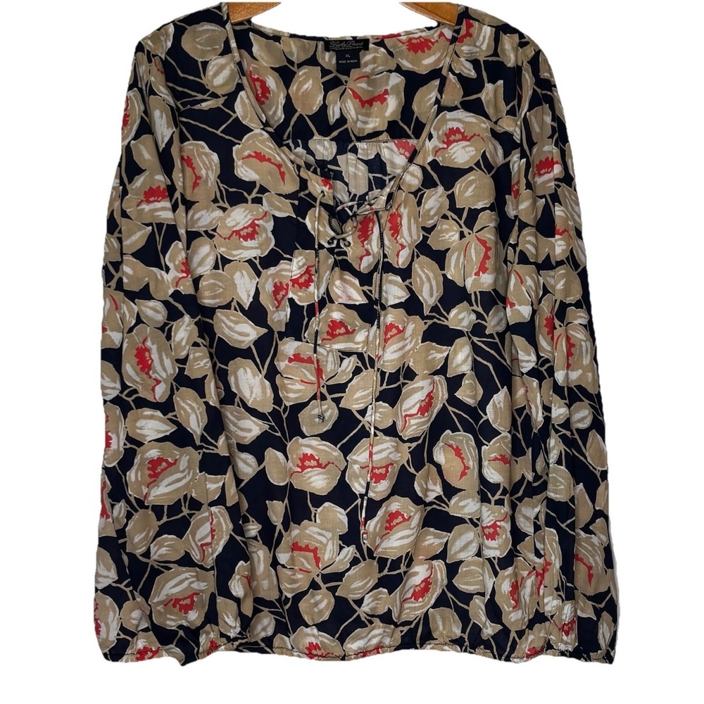 Lucky Brand Peasant Blouse XL Navy Tan Coral Floral Vine Lace Up Neckline Top